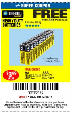Harbor Freight FREE Coupon THUNDERBOLT MAGNUM ALKALINE BATTERIES AA, AAA - 24 PK Lot No. 92405/61270/92404/69568/61271/92406/61272/92407/61279/92408 Expired: 12/26/19 - FWP