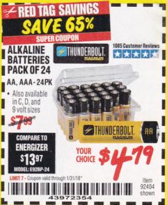 Harbor Freight Coupon THUNDERBOLT MAGNUM ALKALINE BATTERIES AA, AAA - 24 PK Lot No. 92405/61270/92404/69568/61271/92406/61272/92407/61279/92408 Expired: 1/31/18 - $4.79