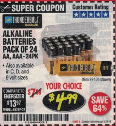 Harbor Freight Coupon THUNDERBOLT MAGNUM ALKALINE BATTERIES AA, AAA - 24 PK Lot No. 92405/61270/92404/69568/61271/92406/61272/92407/61279/92408 Expired: 2/28/18 - $4.99