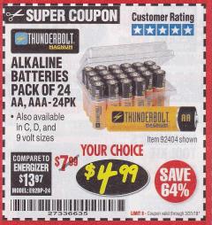 Harbor Freight Coupon THUNDERBOLT MAGNUM ALKALINE BATTERIES AA, AAA - 24 PK Lot No. 92405/61270/92404/69568/61271/92406/61272/92407/61279/92408 Expired: 3/31/18 - $4.99