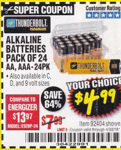 Harbor Freight Coupon THUNDERBOLT MAGNUM ALKALINE BATTERIES AA, AAA - 24 PK Lot No. 92405/61270/92404/69568/61271/92406/61272/92407/61279/92408 Expired: 4/30/18 - $4.99