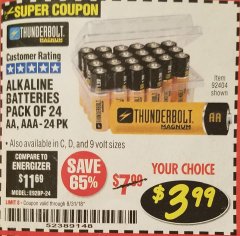 Harbor Freight Coupon THUNDERBOLT MAGNUM ALKALINE BATTERIES AA, AAA - 24 PK Lot No. 92405/61270/92404/69568/61271/92406/61272/92407/61279/92408 Expired: 8/31/18 - $3.99