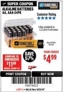 Harbor Freight Coupon THUNDERBOLT MAGNUM ALKALINE BATTERIES AA, AAA - 24 PK Lot No. 92405/61270/92404/69568/61271/92406/61272/92407/61279/92408 Expired: 9/23/18 - $4.99