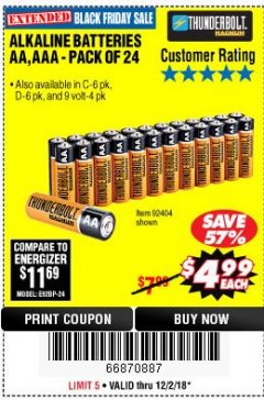 Harbor Freight Coupon THUNDERBOLT MAGNUM ALKALINE BATTERIES AA, AAA - 24 PK Lot No. 92405/61270/92404/69568/61271/92406/61272/92407/61279/92408 Expired: 12/31/18 - $4.99