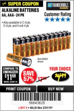 Harbor Freight Coupon THUNDERBOLT MAGNUM ALKALINE BATTERIES AA, AAA - 24 PK Lot No. 92405/61270/92404/69568/61271/92406/61272/92407/61279/92408 Expired: 3/31/19 - $4.99
