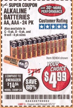 Harbor Freight Coupon THUNDERBOLT MAGNUM ALKALINE BATTERIES AA, AAA - 24 PK Lot No. 92405/61270/92404/69568/61271/92406/61272/92407/61279/92408 Expired: 9/5/19 - $4.99