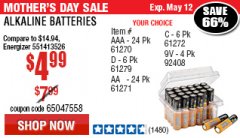 Harbor Freight Coupon THUNDERBOLT MAGNUM ALKALINE BATTERIES AA, AAA - 24 PK Lot No. 92405/61270/92404/69568/61271/92406/61272/92407/61279/92408 Expired: 5/12/19 - $4.99