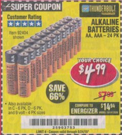 Harbor Freight Coupon THUNDERBOLT MAGNUM ALKALINE BATTERIES AA, AAA - 24 PK Lot No. 92405/61270/92404/69568/61271/92406/61272/92407/61279/92408 Expired: 8/24/19 - $4.99