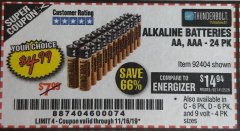 Harbor Freight Coupon THUNDERBOLT MAGNUM ALKALINE BATTERIES AA, AAA - 24 PK Lot No. 92405/61270/92404/69568/61271/92406/61272/92407/61279/92408 Expired: 11/16/19 - $4.99