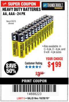 Harbor Freight Coupon THUNDERBOLT MAGNUM ALKALINE BATTERIES AA, AAA - 24 PK Lot No. 92405/61270/92404/69568/61271/92406/61272/92407/61279/92408 Expired: 10/20/19 - $1.99