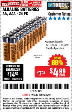 Harbor Freight Coupon THUNDERBOLT MAGNUM ALKALINE BATTERIES AA, AAA - 24 PK Lot No. 92405/61270/92404/69568/61271/92406/61272/92407/61279/92408 Expired: 12/8/19 - $4.99