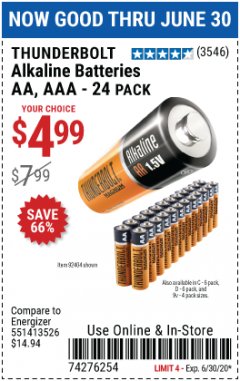 Harbor Freight Coupon THUNDERBOLT MAGNUM ALKALINE BATTERIES AA, AAA - 24 PK Lot No. 92405/61270/92404/69568/61271/92406/61272/92407/61279/92408 Expired: 6/30/20 - $4.99