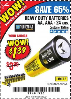 Harbor Freight Coupon THUNDERBOLT MAGNUM ALKALINE BATTERIES AA, AAA - 24 PK Lot No. 92405/61270/92404/69568/61271/92406/61272/92407/61279/92408 Expired: 8/19/20 - $1.39