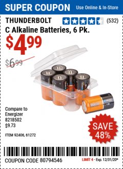 Harbor Freight Coupon THUNDERBOLT MAGNUM ALKALINE BATTERIES AA, AAA - 24 PK Lot No. 92405/61270/92404/69568/61271/92406/61272/92407/61279/92408 Expired: 12/31/20 - $4.99