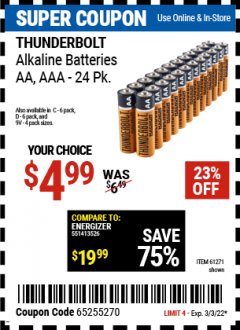 Harbor Freight Coupon THUNDERBOLT MAGNUM ALKALINE BATTERIES AA, AAA - 24 PK Lot No. 92405/61270/92404/69568/61271/92406/61272/92407/61279/92408 Expired: 3/3/22 - $4.99