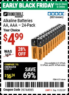 Harbor Freight Coupon THUNDERBOLT MAGNUM ALKALINE BATTERIES AA, AAA - 24 PK Lot No. 92405/61270/92404/69568/61271/92406/61272/92407/61279/92408 Expired: 11/22/23 - $4.99
