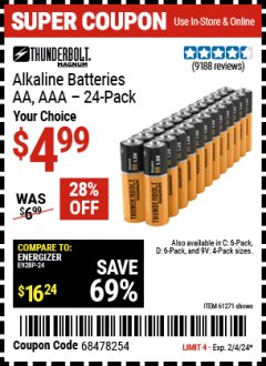 Harbor Freight Coupon THUNDERBOLT MAGNUM ALKALINE BATTERIES AA, AAA - 24 PK Lot No. 92405/61270/92404/69568/61271/92406/61272/92407/61279/92408 Expired: 2/4/24 - $4.99