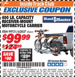 Harbor Freight ITC Coupon HAUL-MASTER 400 LB. CAPACITY RECEIVER-MOUNT ALUMINUM MOTORCYCLE CARRIER Lot No. 62837 Expired: 4/30/19 - $99.99