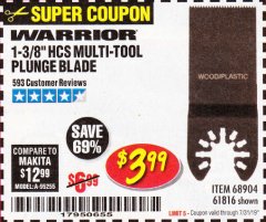 Harbor Freight Coupon 1-3/8" HIGH CARBON STEEL MULTI-TOOL PLUNGE BLADE Lot No. 61816/68904 Expired: 7/31/19 - $3.99