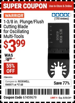 Harbor Freight Coupon WARRIOR 1-3/8 IN. PLUNGE/FLUSH CUTTING BLADE FOR OSCILLATING MULTI-TOOLS Lot No. 61816 Valid Thru: 8/30/26 - $3.99