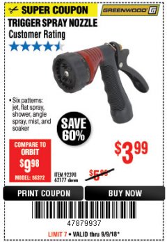 Harbor Freight Coupon TRIGGER SPRAY NOZZLE Lot No. 62177/92398 Expired: 9/9/18 - $3.99
