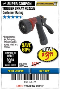 Harbor Freight Coupon TRIGGER SPRAY NOZZLE Lot No. 62177/92398 Expired: 9/30/18 - $3.99