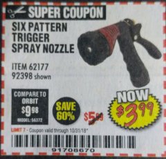 Harbor Freight Coupon TRIGGER SPRAY NOZZLE Lot No. 62177/92398 Expired: 10/31/18 - $3.99