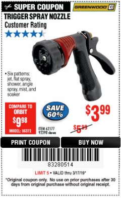 Harbor Freight Coupon TRIGGER SPRAY NOZZLE Lot No. 62177/92398 Expired: 3/17/19 - $3.99