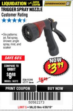 Harbor Freight Coupon TRIGGER SPRAY NOZZLE Lot No. 62177/92398 Expired: 4/30/19 - $3.99