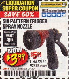 Harbor Freight Coupon TRIGGER SPRAY NOZZLE Lot No. 62177/92398 Expired: 5/31/19 - $3.99
