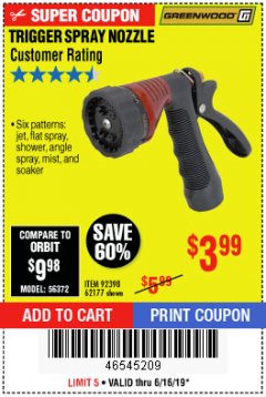 Harbor Freight Coupon TRIGGER SPRAY NOZZLE Lot No. 62177/92398 Expired: 6/16/19 - $3.99