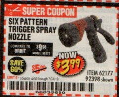 Harbor Freight Coupon TRIGGER SPRAY NOZZLE Lot No. 62177/92398 Expired: 7/31/19 - $3.99