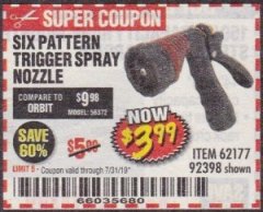 Harbor Freight Coupon TRIGGER SPRAY NOZZLE Lot No. 62177/92398 Expired: 7/31/19 - $3.99