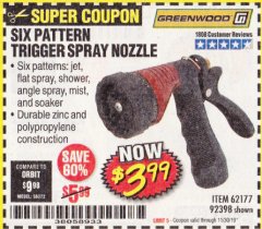 Harbor Freight Coupon TRIGGER SPRAY NOZZLE Lot No. 62177/92398 Expired: 11/30/19 - $3.99