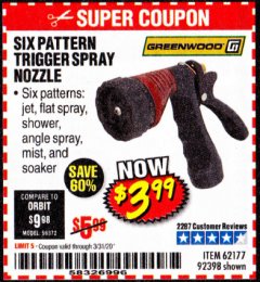 Harbor Freight Coupon TRIGGER SPRAY NOZZLE Lot No. 62177/92398 Expired: 3/31/20 - $3.99