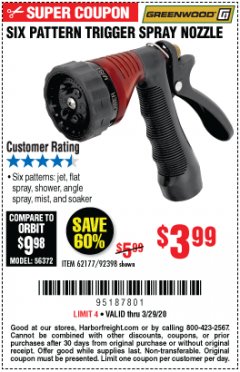 Harbor Freight Coupon TRIGGER SPRAY NOZZLE Lot No. 62177/92398 Expired: 3/29/20 - $3.99