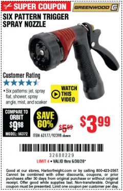 Harbor Freight Coupon TRIGGER SPRAY NOZZLE Lot No. 62177/92398 Expired: 6/30/20 - $3.99