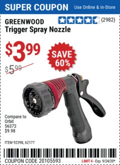 Harbor Freight Coupon TRIGGER SPRAY NOZZLE Lot No. 62177/92398 Expired: 9/24/20 - $3.99