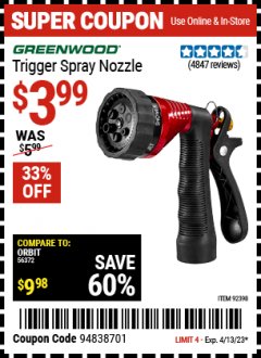 Harbor Freight Coupon TRIGGER SPRAY NOZZLE Lot No. 62177/92398 Expired: 4/13/23 - $3.99