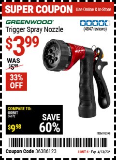 Harbor Freight Coupon TRIGGER SPRAY NOZZLE Lot No. 62177/92398 Expired: 4/13/23 - $3.99