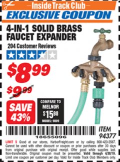 Harbor Freight ITC Coupon 4-IN-1 SOLID BRASS FAUCET EXPANDER Lot No. 94377 Expired: 4/30/19 - $8.99