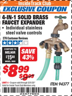 Harbor Freight ITC Coupon 4-IN-1 SOLID BRASS FAUCET EXPANDER Lot No. 94377 Expired: 3/31/20 - $8.99