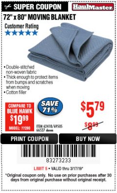 Harbor Freight Coupon 72" X 80" MOVING BLANKET Lot No. 66537/69505/62418 Expired: 3/17/19 - $5.79