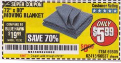 Harbor Freight Coupon 72" X 80" MOVING BLANKET Lot No. 66537/69505/62418 Expired: 7/3/19 - $5.99