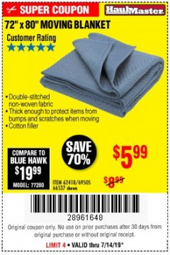 Harbor Freight Coupon 72" X 80" MOVING BLANKET Lot No. 66537/69505/62418 Expired: 7/14/19 - $5.99