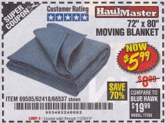 Harbor Freight Coupon 72" X 80" MOVING BLANKET Lot No. 66537/69505/62418 Expired: 11/28/19 - $5.99