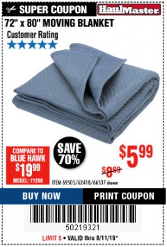 Harbor Freight Coupon 72" X 80" MOVING BLANKET Lot No. 66537/69505/62418 Expired: 8/11/19 - $5.99