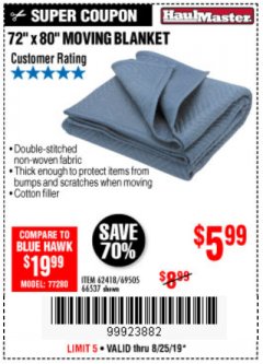 Harbor Freight Coupon 72" X 80" MOVING BLANKET Lot No. 66537/69505/62418 Expired: 8/25/19 - $5.99