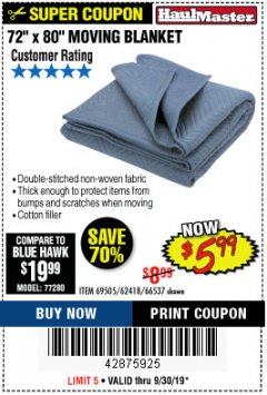 Harbor Freight Coupon 72" X 80" MOVING BLANKET Lot No. 66537/69505/62418 Expired: 9/30/19 - $5.99