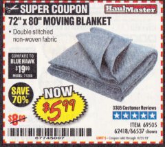 Harbor Freight Coupon 72" X 80" MOVING BLANKET Lot No. 66537/69505/62418 Expired: 10/31/19 - $5.99